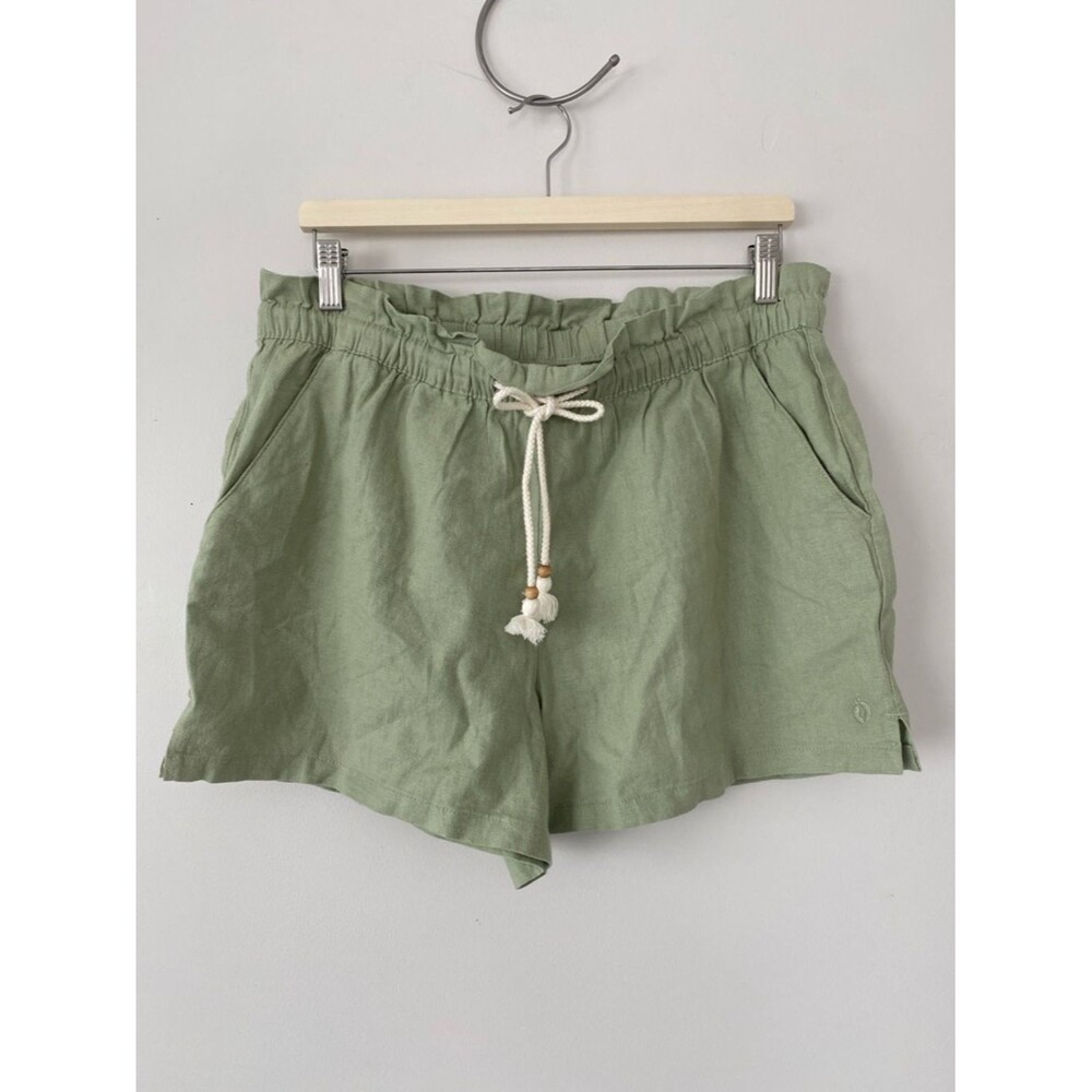 Hang Ten Olive Green High-Waist Drawstring Linen Blend Shorts Sz L Beach Hike